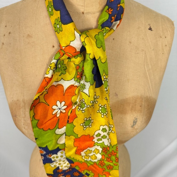 Fun Retro Yellow Scarf With Bright Flowers 50" - Picture 2 of 7